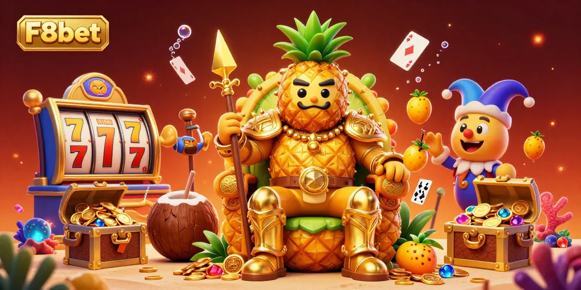 Engage in the thrilling world of F8bet with a vibrant casino scene featuring a golden pineapple king and playful characters.