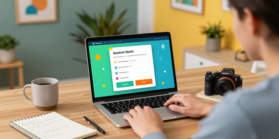 Engaging online Quiz Allgemeinwissen experience in a modern workspace with vibrant decor and warm lighting.