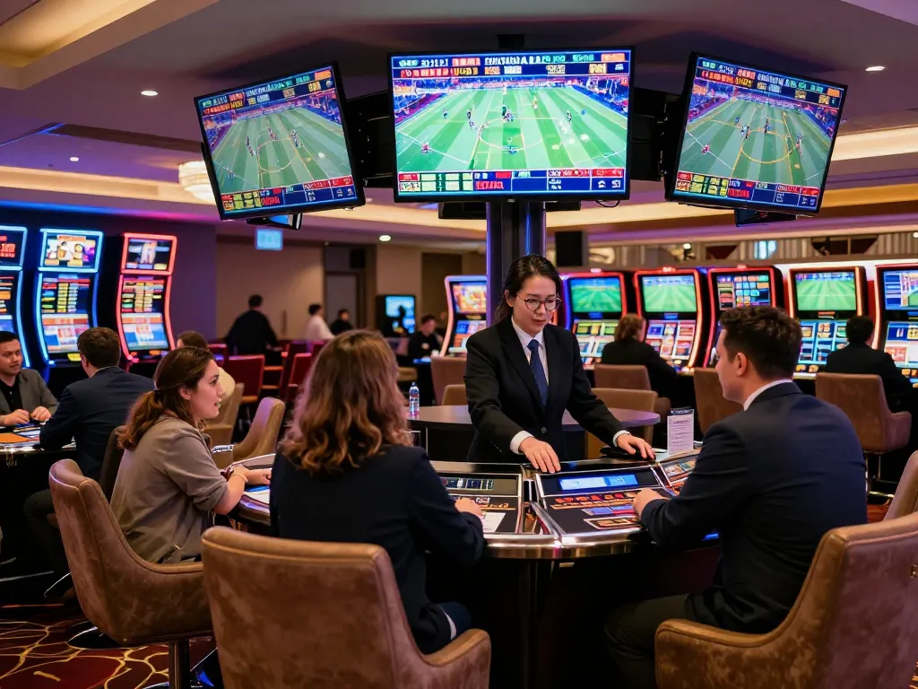 Engaged players betting on live sports at sin88's upscale gaming lounge showcasing excitement and dynamic odds.