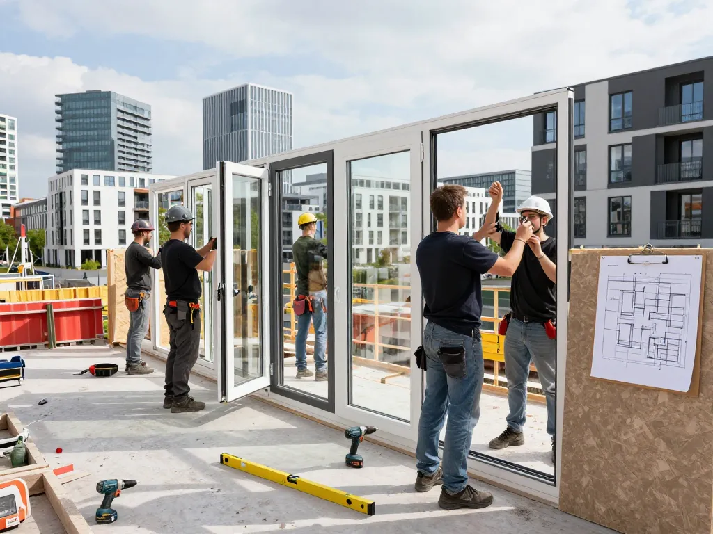 Experte für Fensterinstallation auf der Baustelle Fensterbau Düsseldorf, der fachkundige Arbeiter und moderne Architektur zeigt.