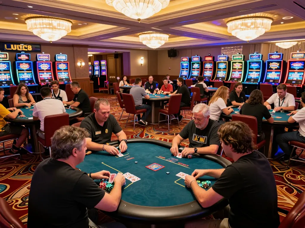 Các người chơi poker LUCK8 tham gia chơi một cách thân thiện tại một bàn casino sôi động với các chip và bài