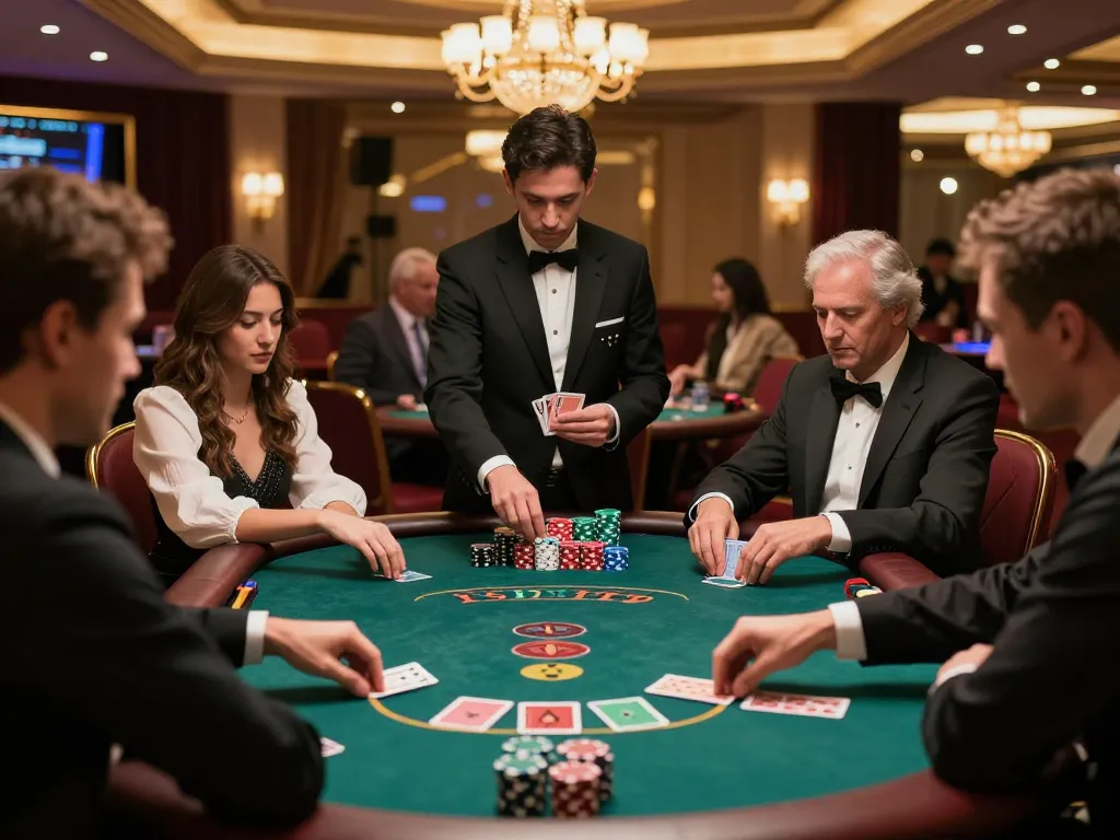 Players compete in high-stakes poker at iwin-themed casino, showcasing vibrant chips and cards