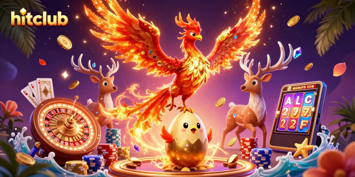 Hitclub showcases a vibrant gambling experience with phoenix and mystical stag, surrounded by gold coins and cards.