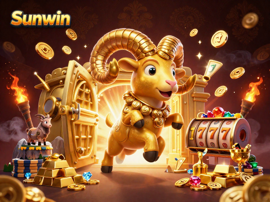 Experience the thrill of Sunwin with a golden ram charging through a vibrant casino scene.