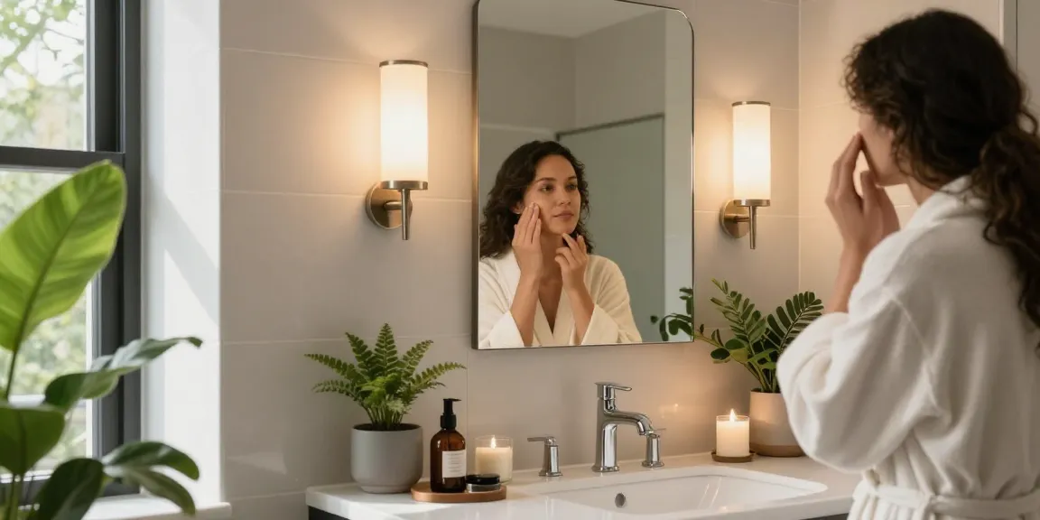 Wandleuchten Badezimmer, die ein schickes Badezimmer mit einer stilvollen wandmontierten Leuchte und ruhiger Dekoration erhellen.