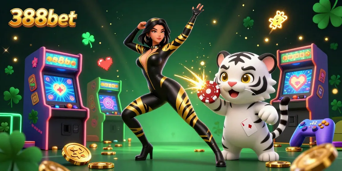 Engage with 388bet's vibrant 3D scene featuring a woman in a stylish catsuit and a playful tiger.