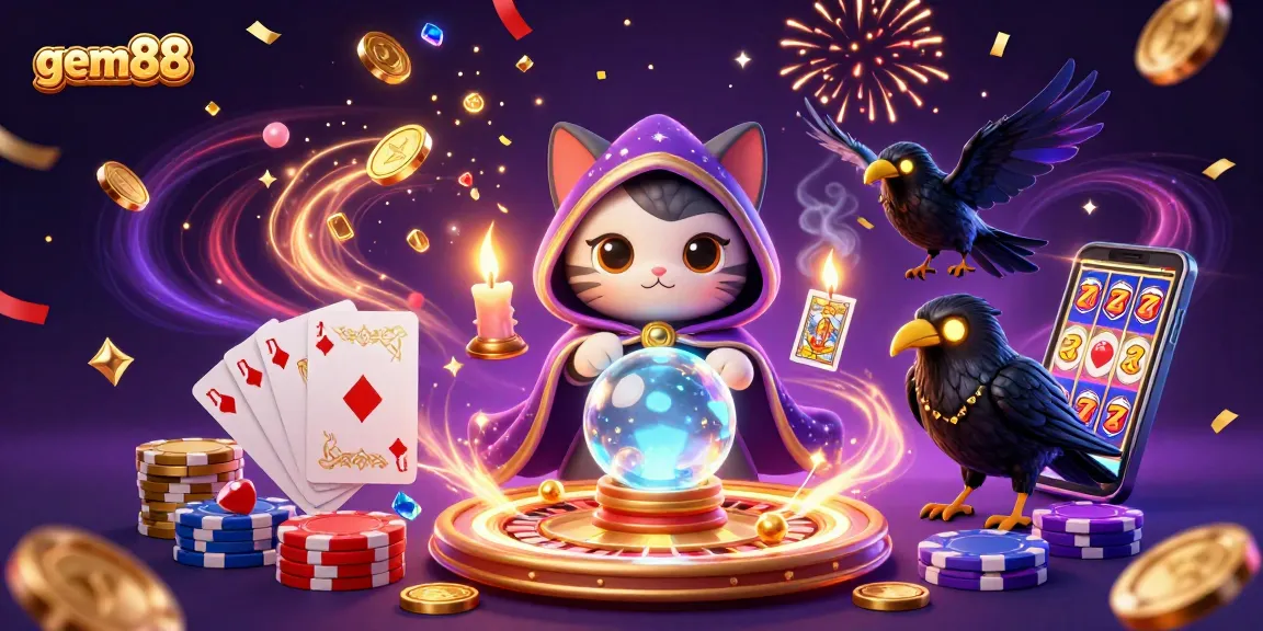 Enjoy thrilling games at gem88 with colorful chips, spinning roulette, and mystic characters in this vibrant scene.