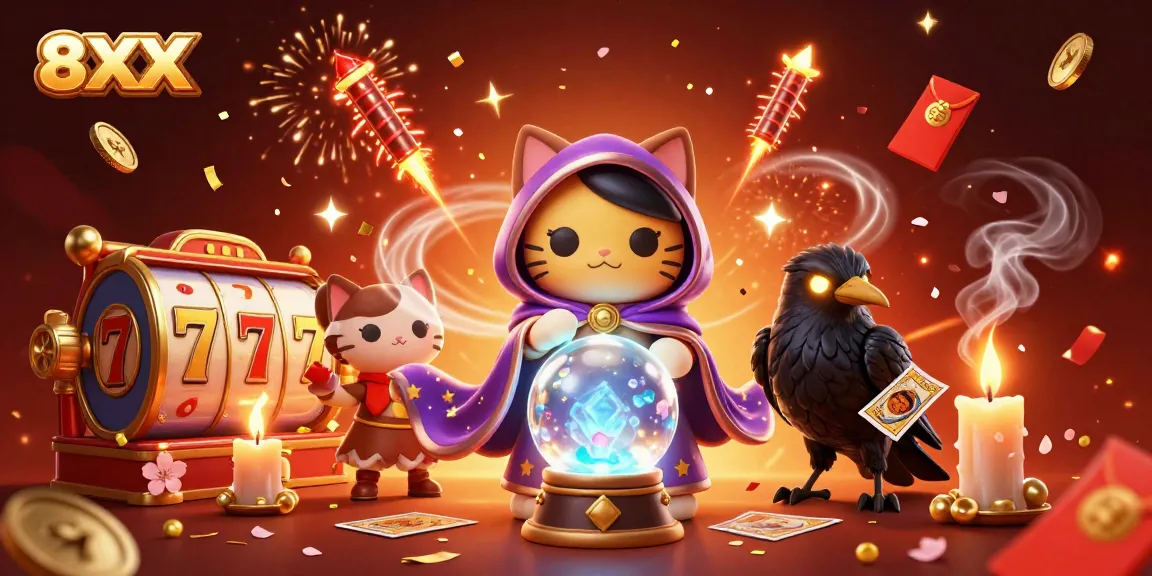 Experience the thrill of 8XX slots with a vibrant illustration of a fortune teller and gaming elements.