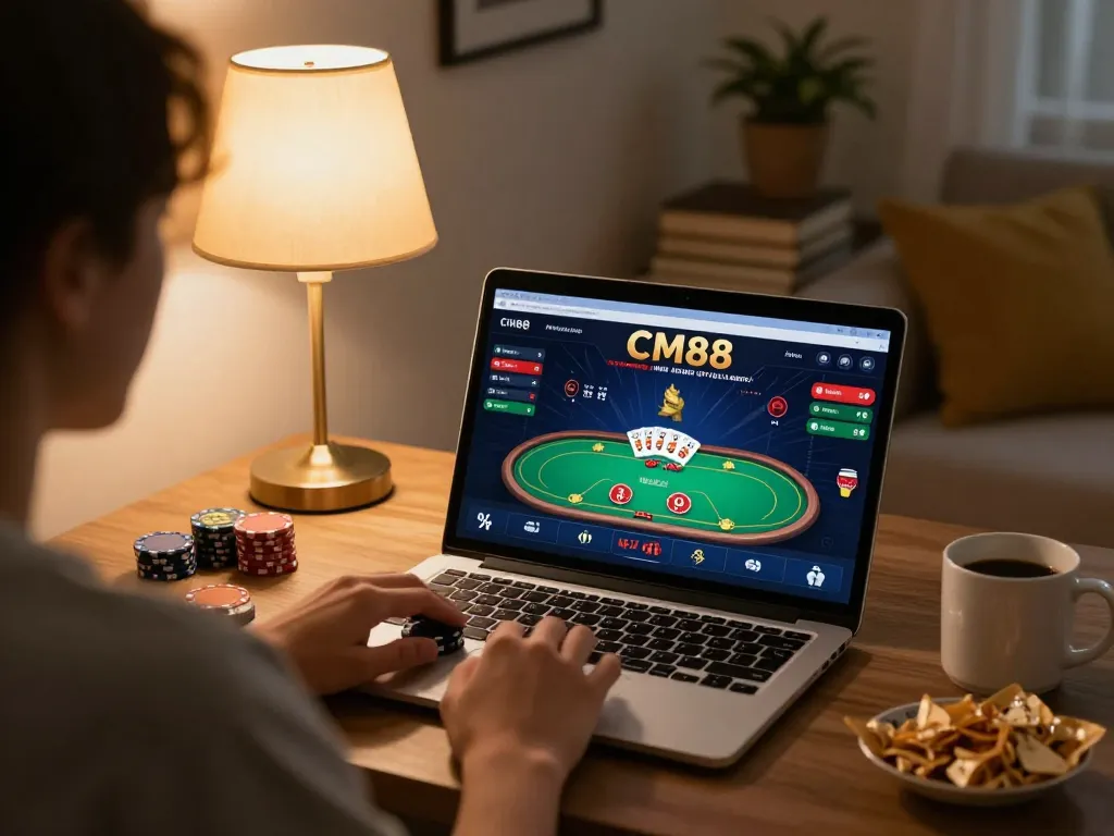 Players enjoy online poker with CM88 in cozy home setup, showcasing fun gaming experience.