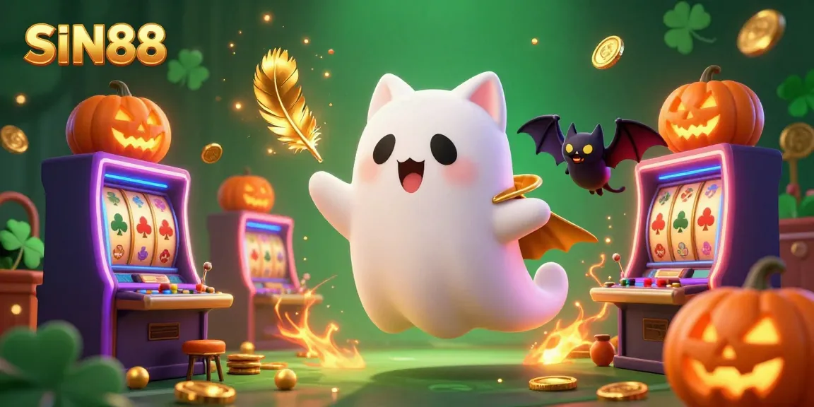 Engage with thrilling gaming adventures at SIN88, featuring a ghost cat and bat companion in a lively casino.