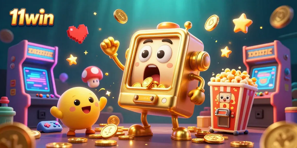 11win's golden slot machine hits a jackpot amidst cheering friends in a vibrant casino scene.