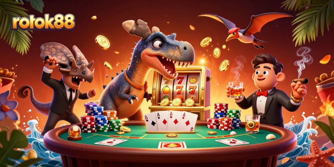 rokok88 showcases an exhilarating scene of cartoon dinosaurs and casino gear, capturing a thrilling jackpot moment.