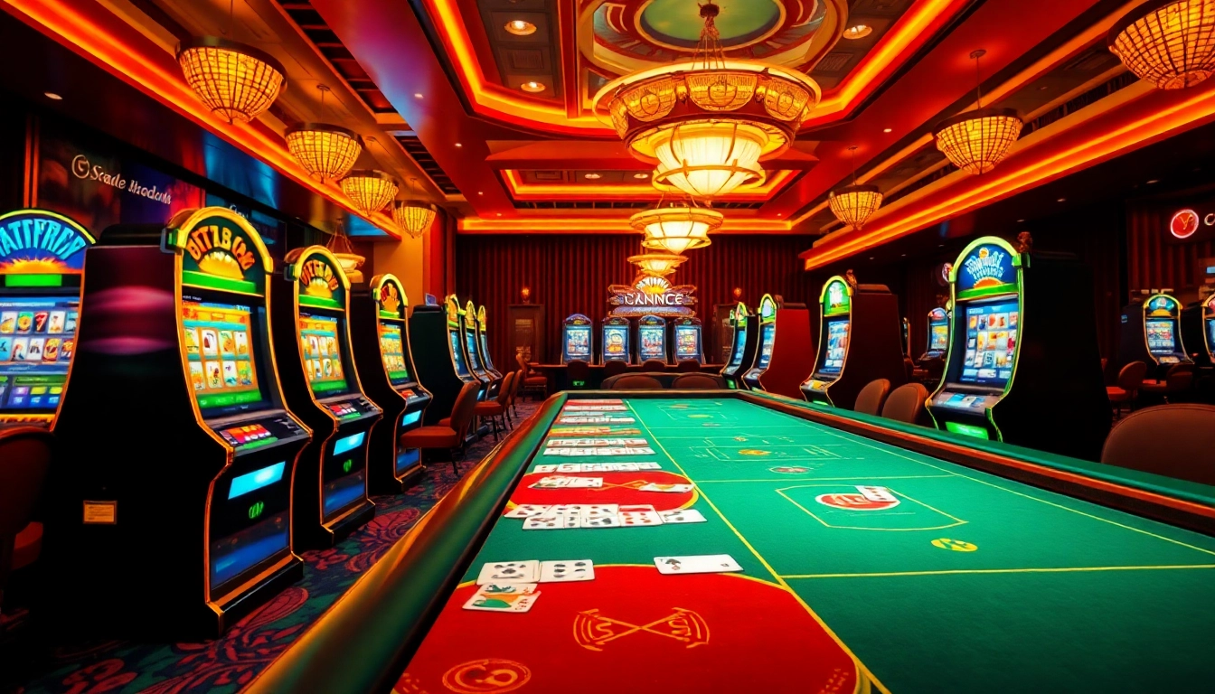 Explore thrilling online casinos with vibrant gaming tables illuminated in luxury colors.