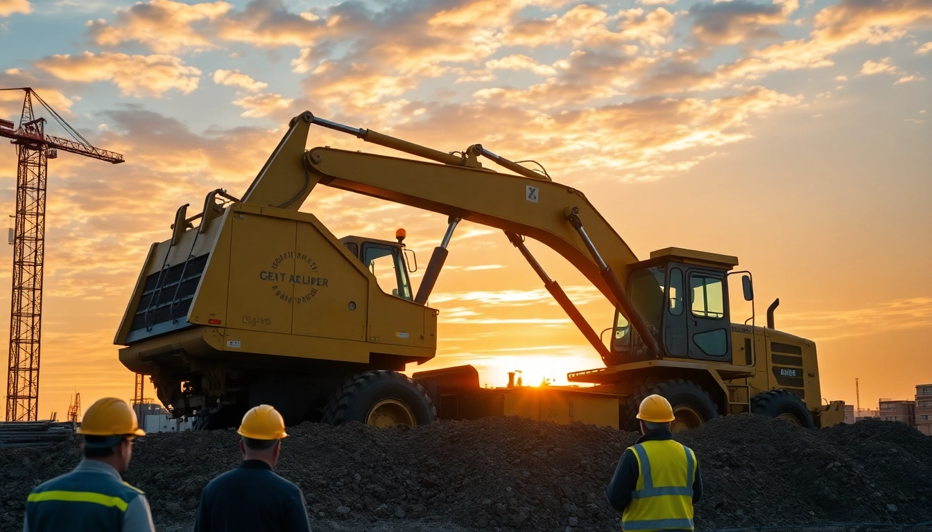 Bagger leihen Hannover: Kraftvoller Bagger bei der Arbeit auf einer Baustelle, Bauarbeiter sichtbar.