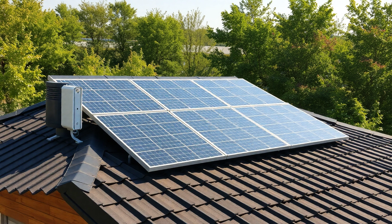 Photovoltaikanlage kaufen Montage inklusive: Moderne Solaranlage auf einem Dach bei Sonnenlicht, glänzende Module und umgebende grüne Landschaft mit frischem Ambiente.