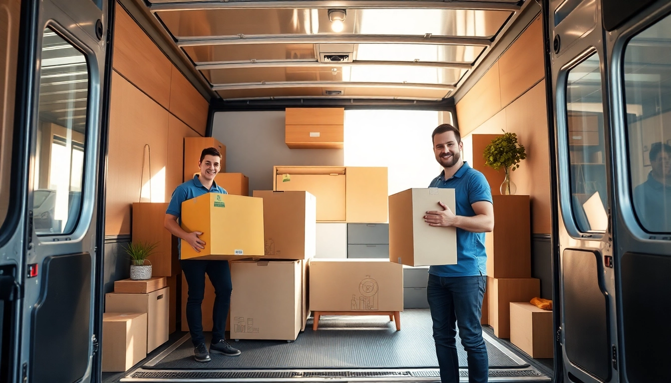 Das Umzugsunternehmen im Saarland stellt ein freundliches Team dar, das Möbel sorgfältig in ein Umzugsfahrzeug lädt.