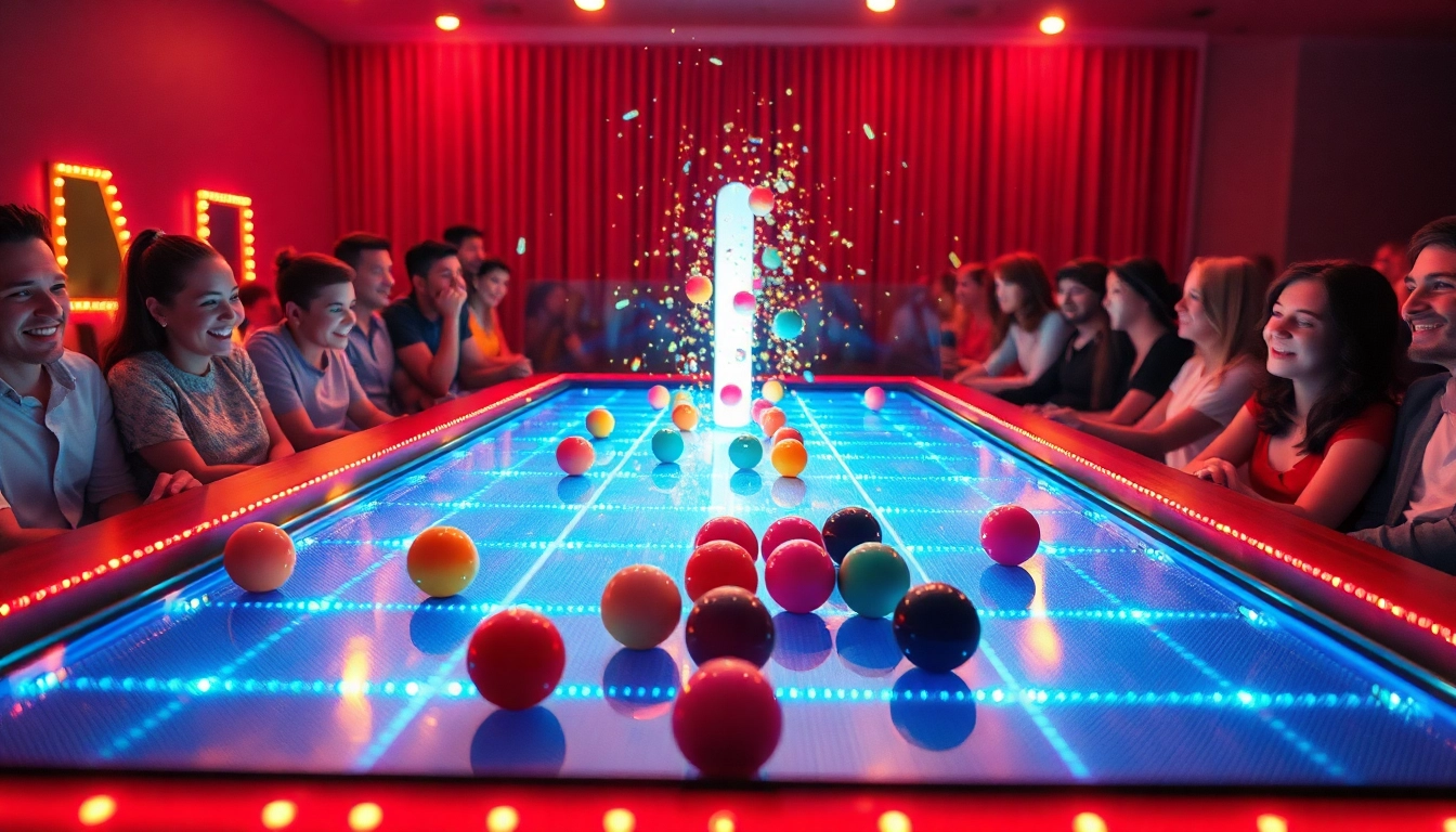 Spieler genießen ein aufregendes Plinko-Erlebnis, während bunte Kugeln über das Spielbrett fallen.