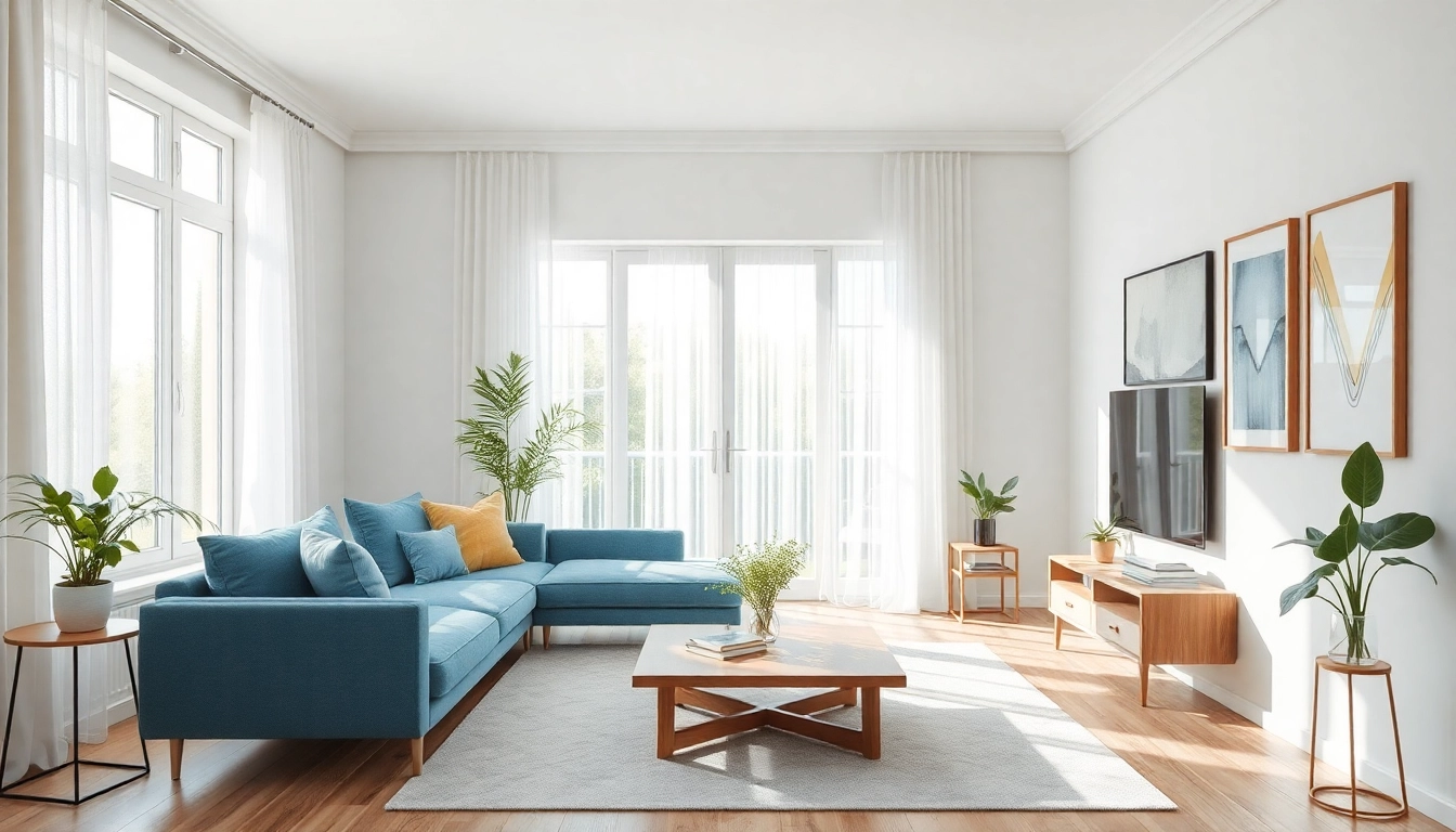 Raumgestaltung eines eleganten Wohnzimmers mit natürlichem Licht, moderner Möblierung und harmonischen Farben.