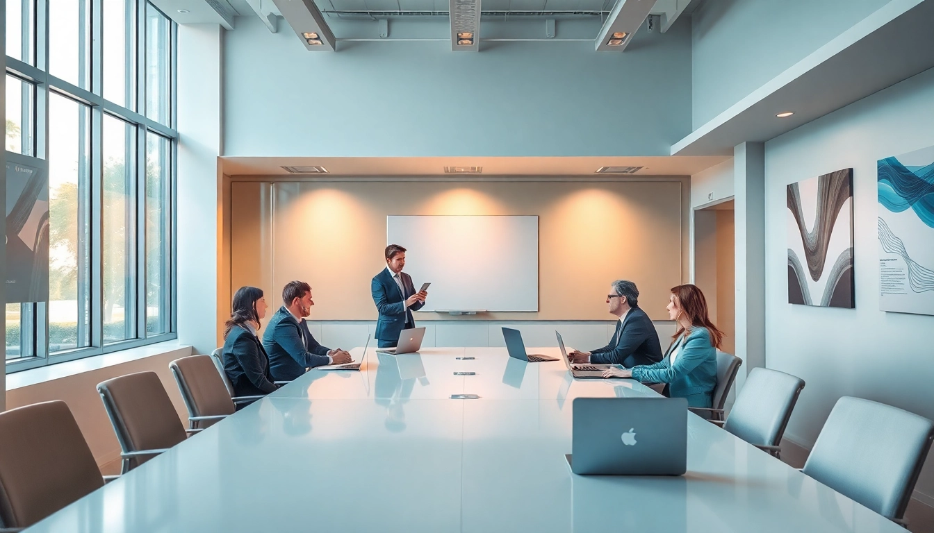 Visualisieren Sie eine Personalvermittlung in einem modernen Büroumfeld mit Menschen im Gespräch und einem einladenden Lichtspiel.