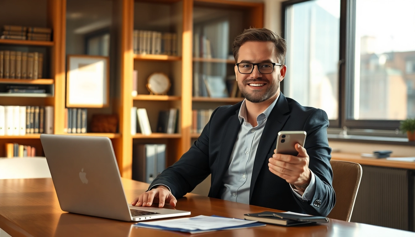 Headhunter Monchengladbach: Professioneller Headhunter am Schreibtisch im modernen Büro, umgeben von bürotypischen Elementen.