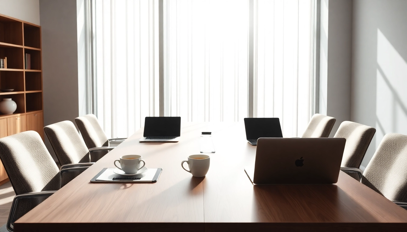 Headhunter im modernen Büro mit Konferenztisch und Laptop.