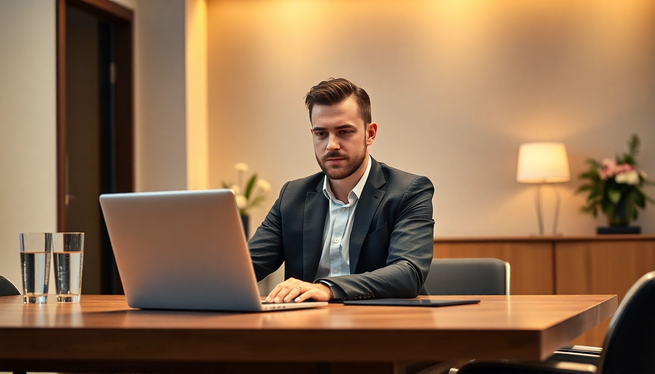 Headhunter Frankfurt bei der Arbeit am eleganten Bürotisch mit Laptop.