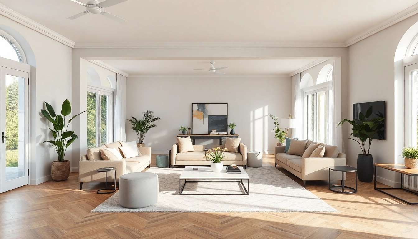 In einem stilvollen Wohnbereich die Raumgestaltung mit eleganten Möbeln und natürlichen Akzenten zeigen.