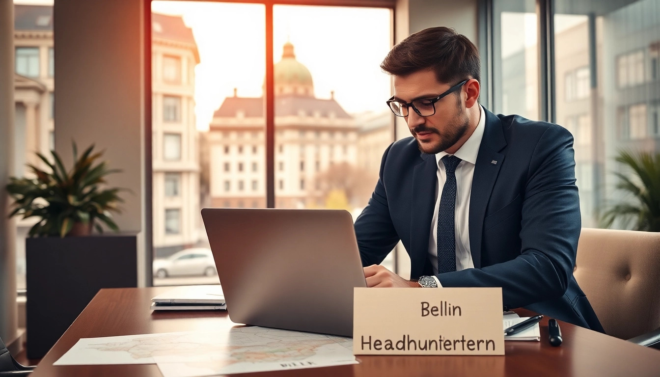 Headhunter Berlin consulting with a client in a modern office, showcasing professionalism.