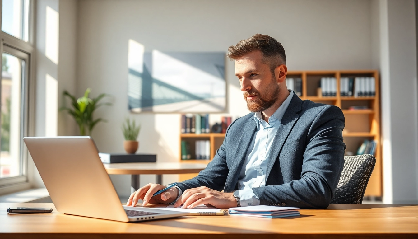 Professioneller Headhunter Kiel arbeitet in modernem Büro mit Laptop.