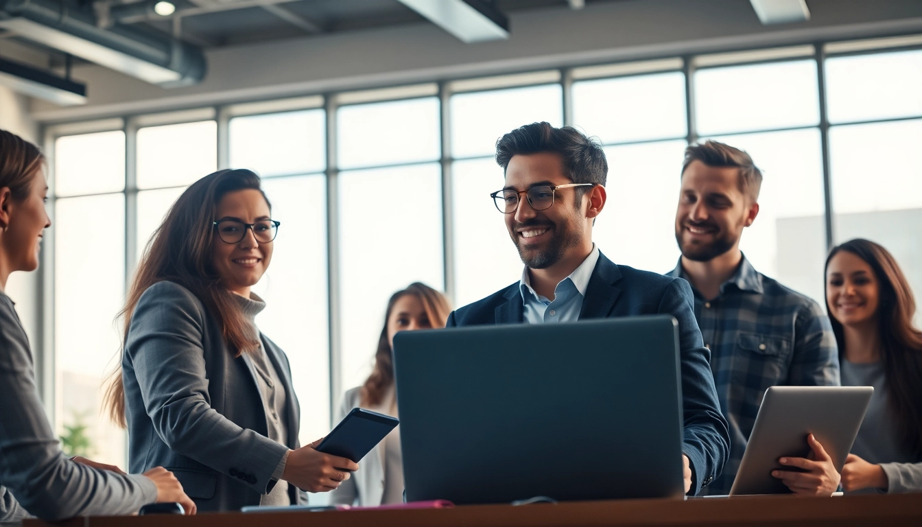 Headhunter IT Team diskutiert Strategien in einem modernen Büro mit Laptops.