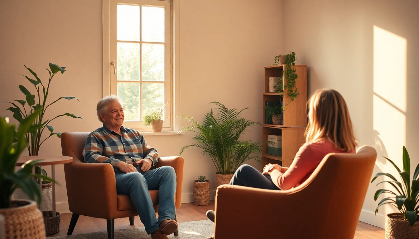 Coaching in Lebenskrisen: Ein Lebenscoach und Klientin in einem beruhigenden Raum im Gespräch.