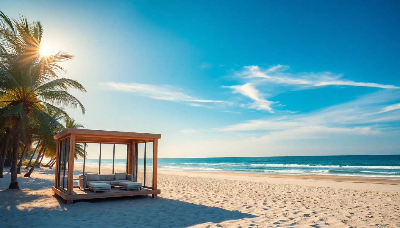 Entspanne im Küstenkabana, einem modernen Strandhaus mit Palmen und Meerblick.