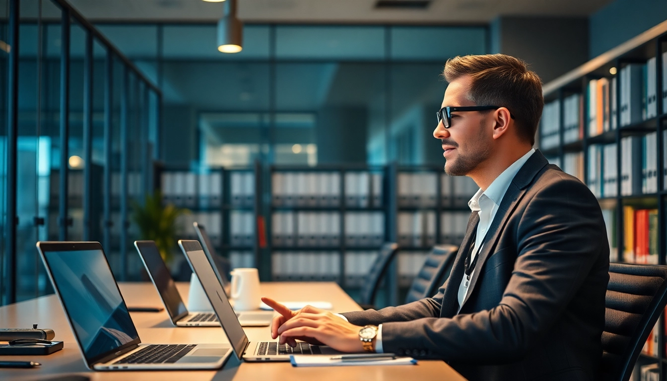 Professioneller Headhunter IT im modernen Büro, während er mit einem Kandidaten spricht und Technologien nutzt.