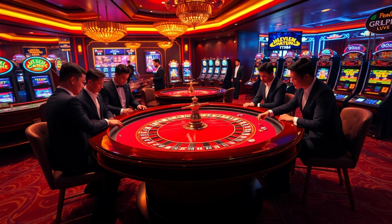 Engaging scene at TT88 casino with players at a roulette table and vibrant slot machines.