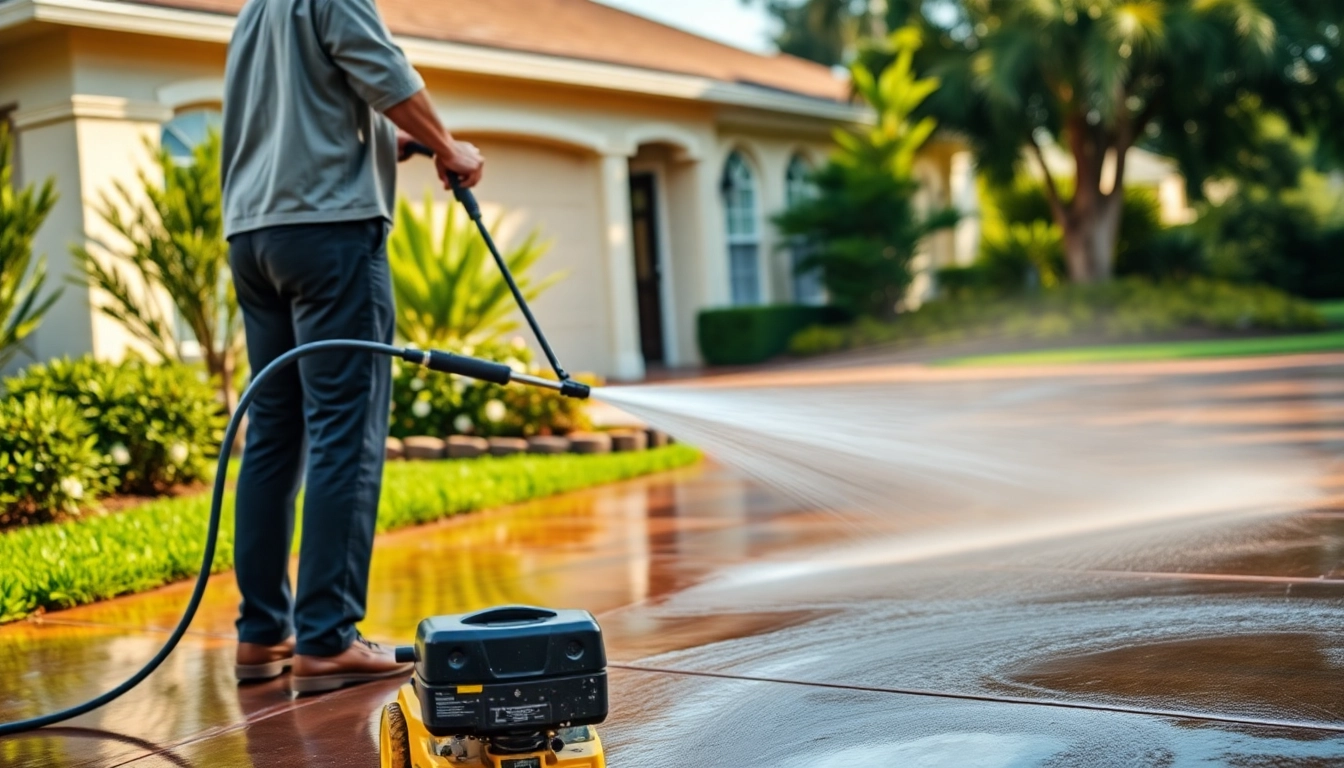 Driveway pressure wash in action, showcasing efficient cleaning techniques and vibrant results.