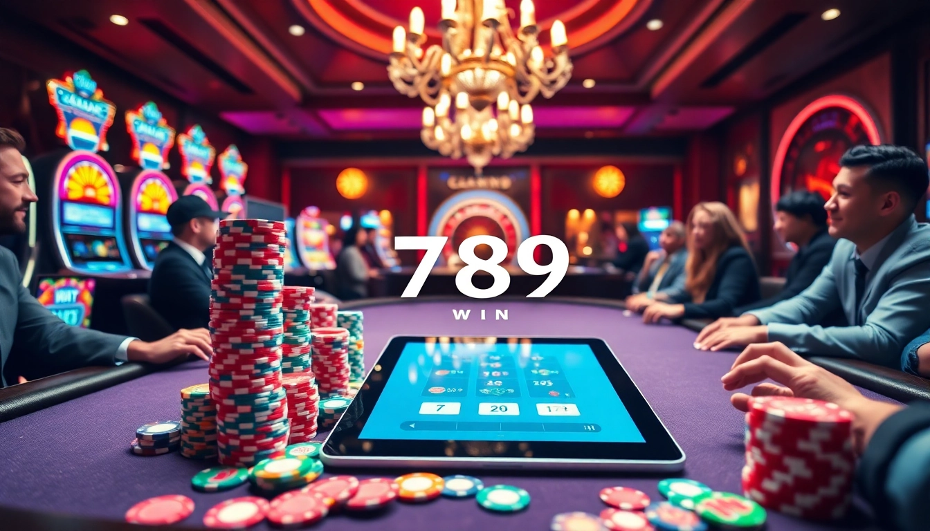 Experience the thrill of winning at 789 win with a luxurious casino scene featuring poker tables and slot machines.