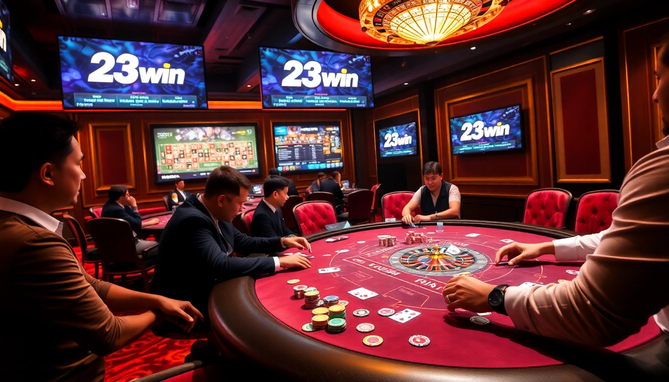 Action-packed poker game at a luxurious 23win casino with vibrant lights and chips.