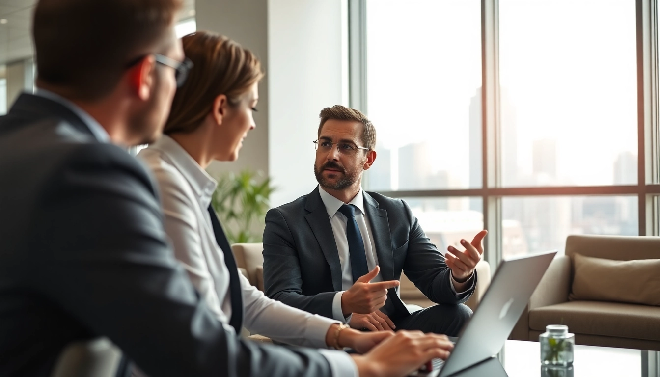 Headhunter IT mit Klienten in einer modernen Büroumgebung und engagierten Diskussionen.