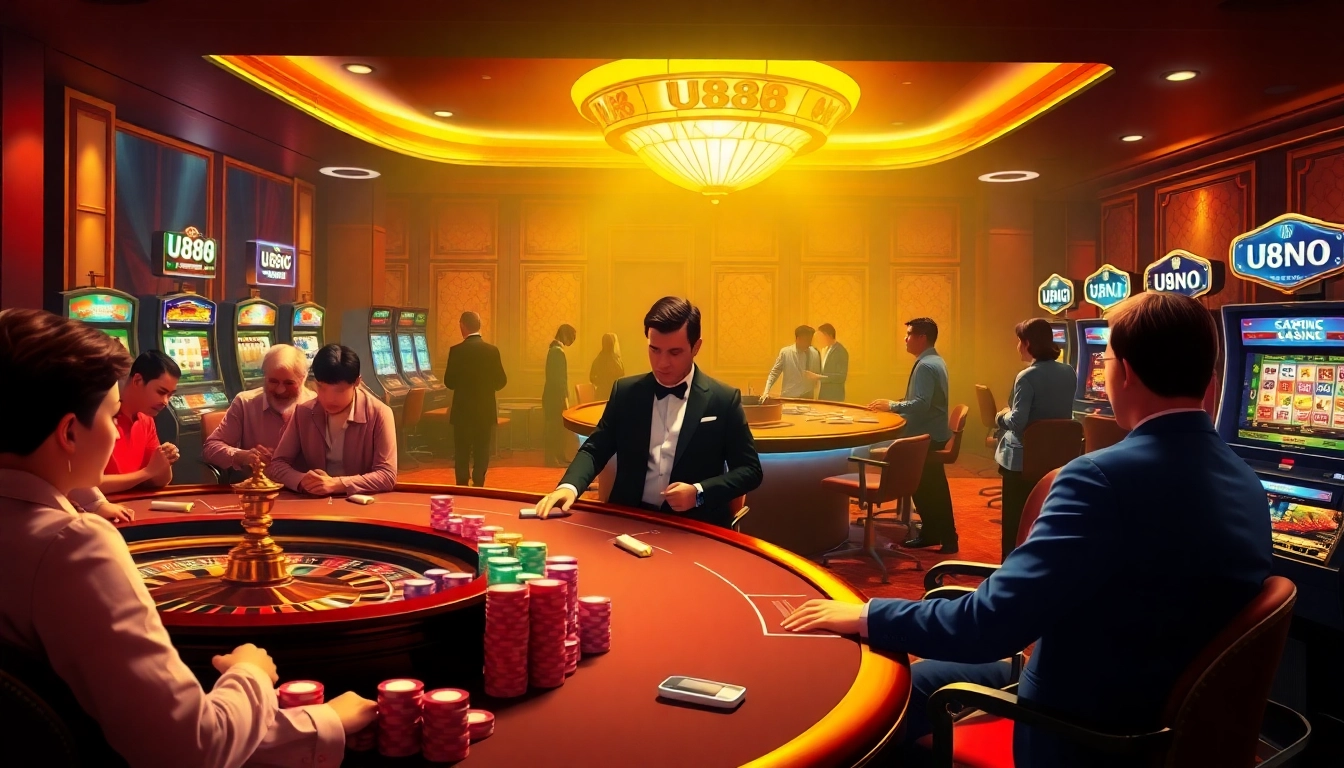 Experience the excitement of U888 with vibrant casino visuals including poker, roulette, and slot machines.