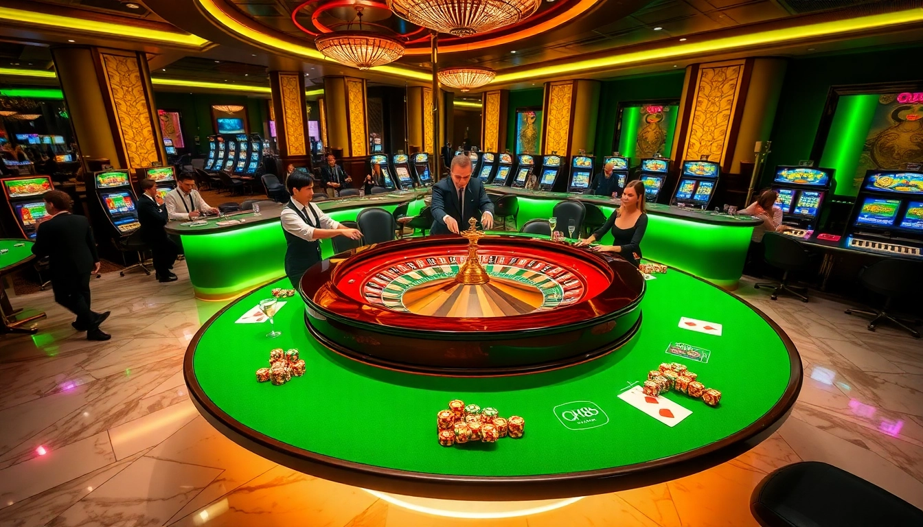 Exciting QH88 casino scene with roulette, dealers, and vibrant gambling elements.