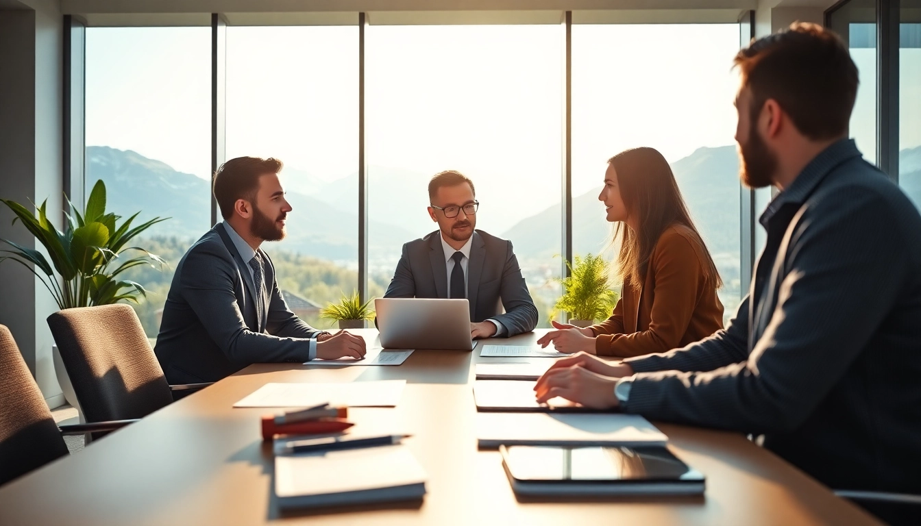 Interaktion zwischen Headhunter Schweiz und Kandidaten in modernem Büro mit Alpenblick