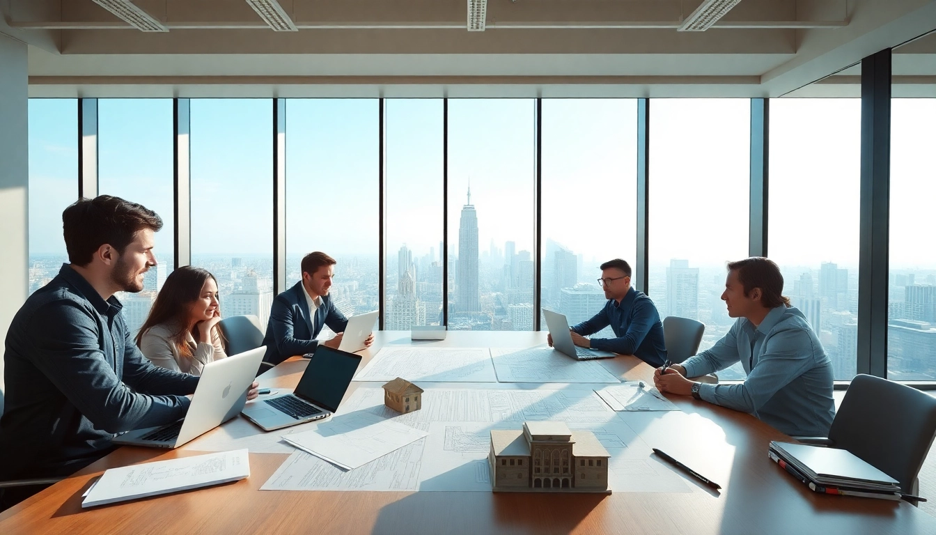 Flachdach Planung mit Architekten und Ingenieuren, die über Pläne arbeiten.