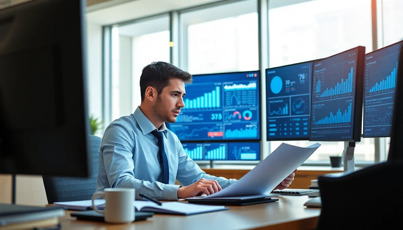 Headhunter IT reviewing resumes in a modern office, showcasing recruitment expertise.