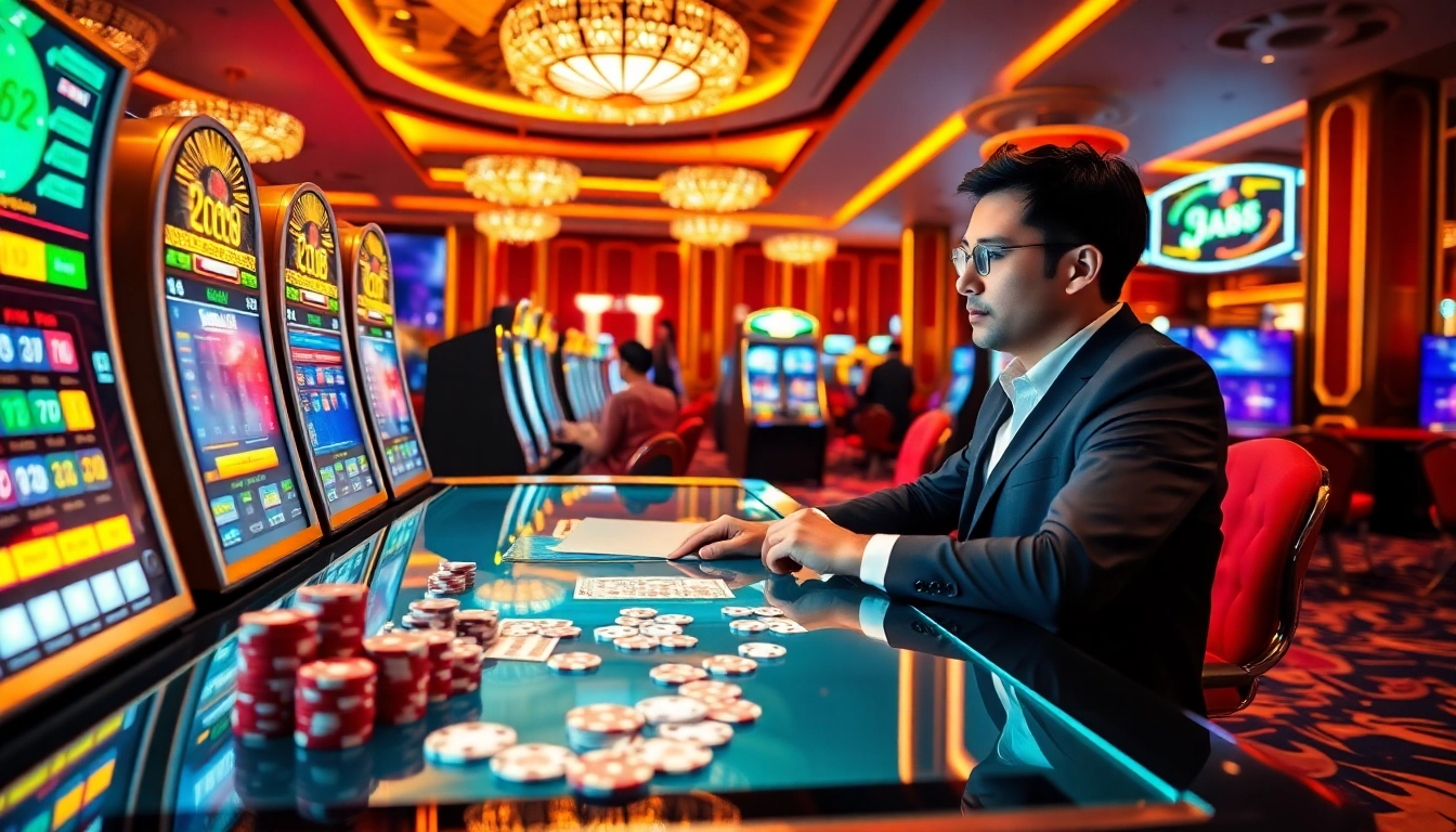 Engaging with link u888 in an exciting online casino environment full of slot machines and poker games.