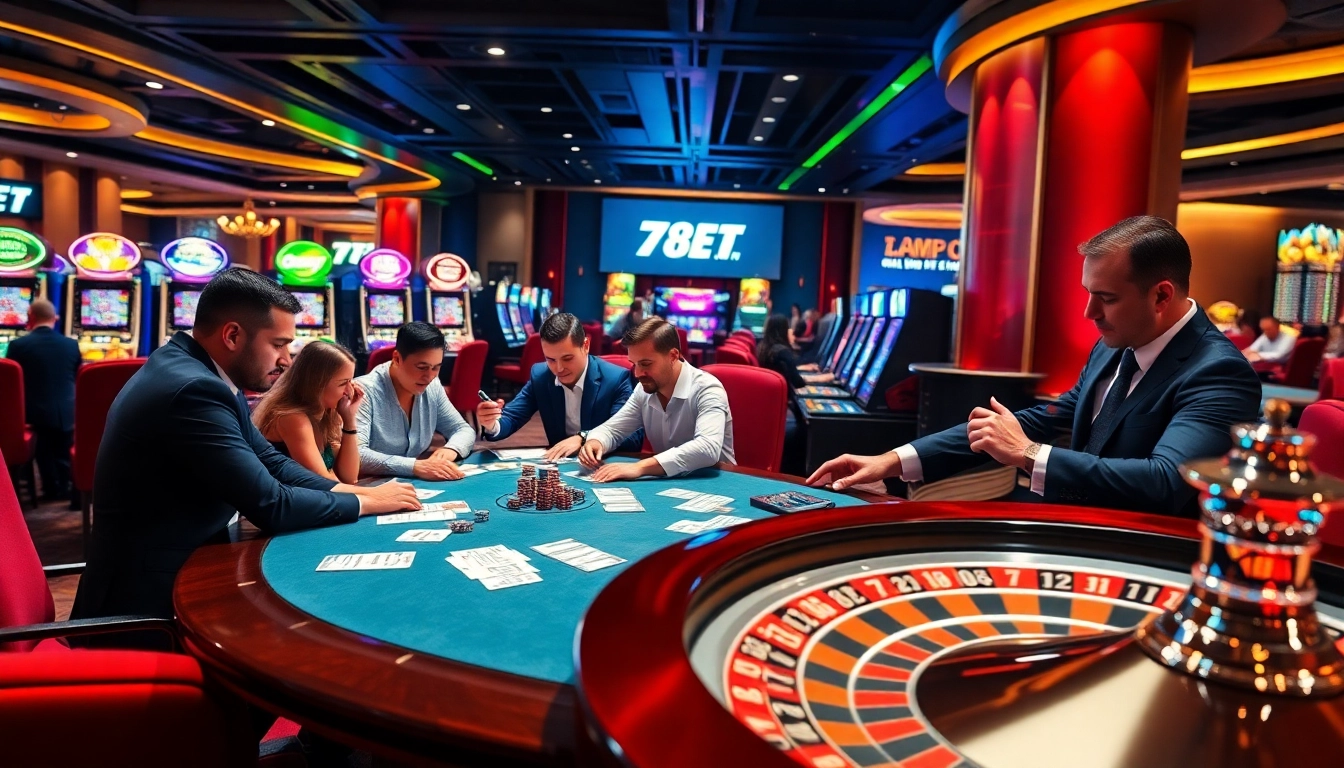 A vibrant scene of excitement at 789 BET casino, featuring players engaging at a poker table amidst luxury gaming decor.