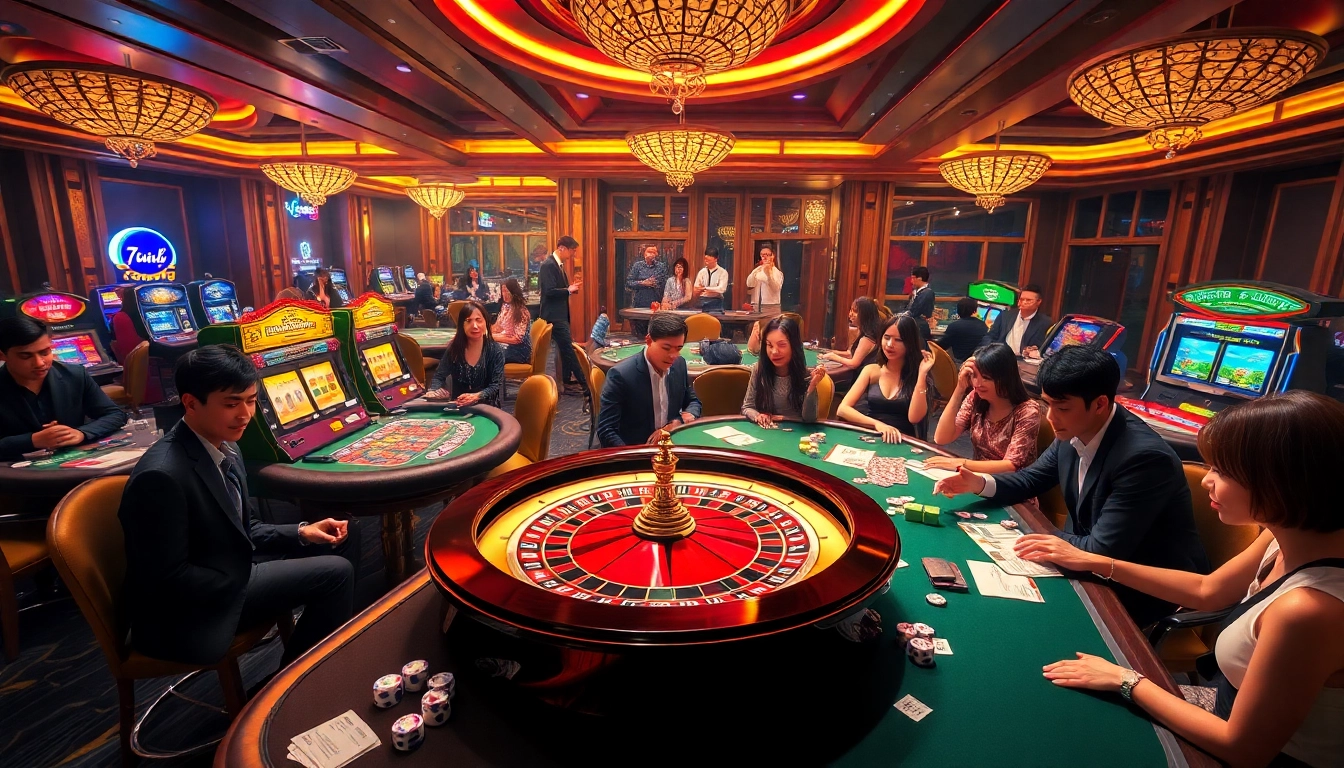 Players celebrating wins at Trang chủ 79KING casino with roulette wheel and poker chips.