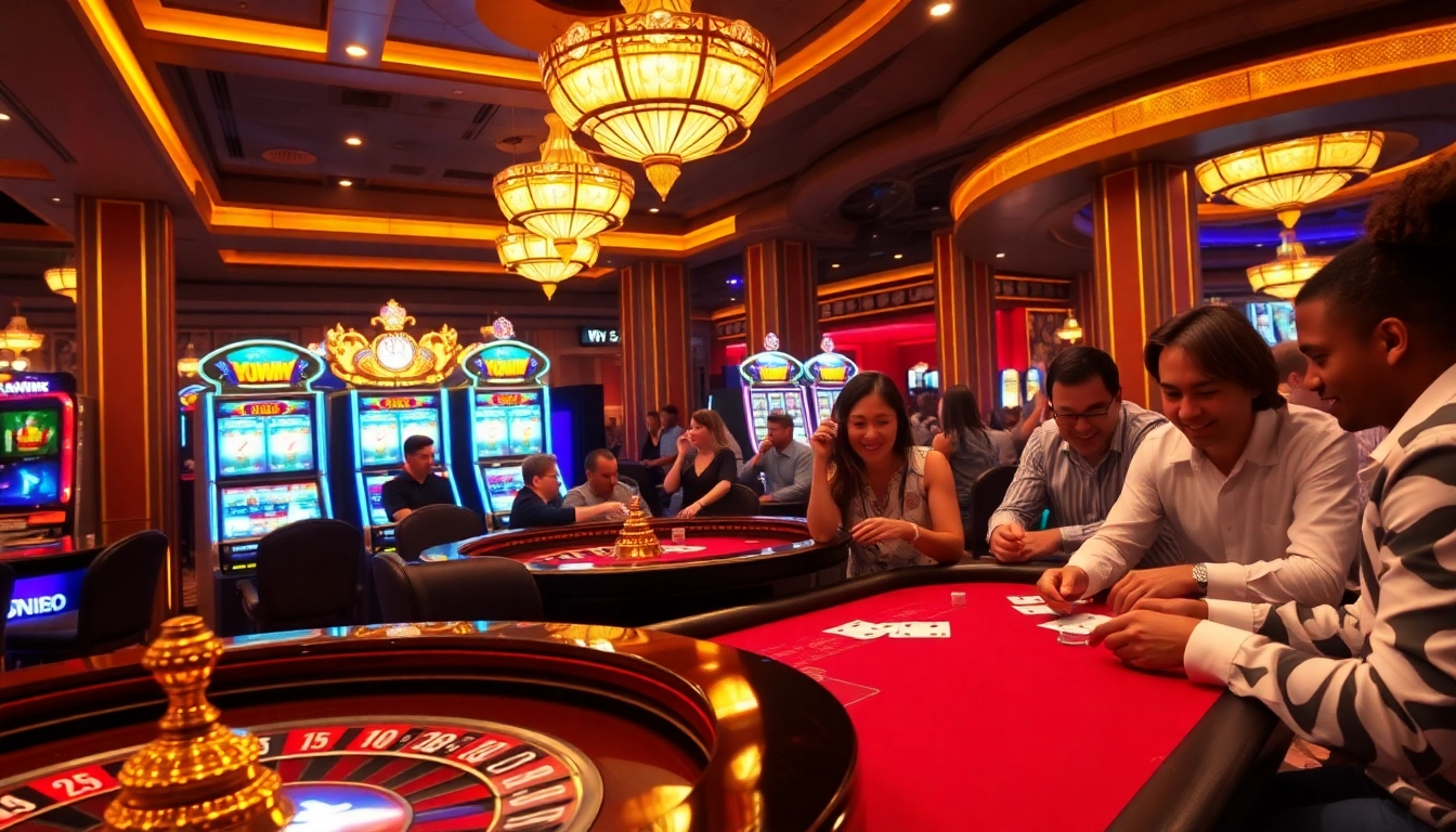 Kuwin offers a thrilling casino experience with players enjoying poker tables and vibrant slot machines.