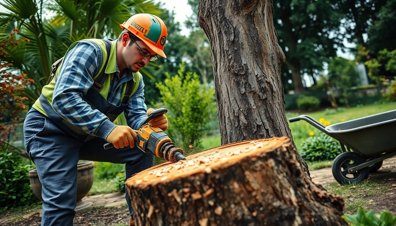 Arbeiter nutzt gekonnt einen Baumfräser in einem lebhaften Garten zur Wurzelentfernung.