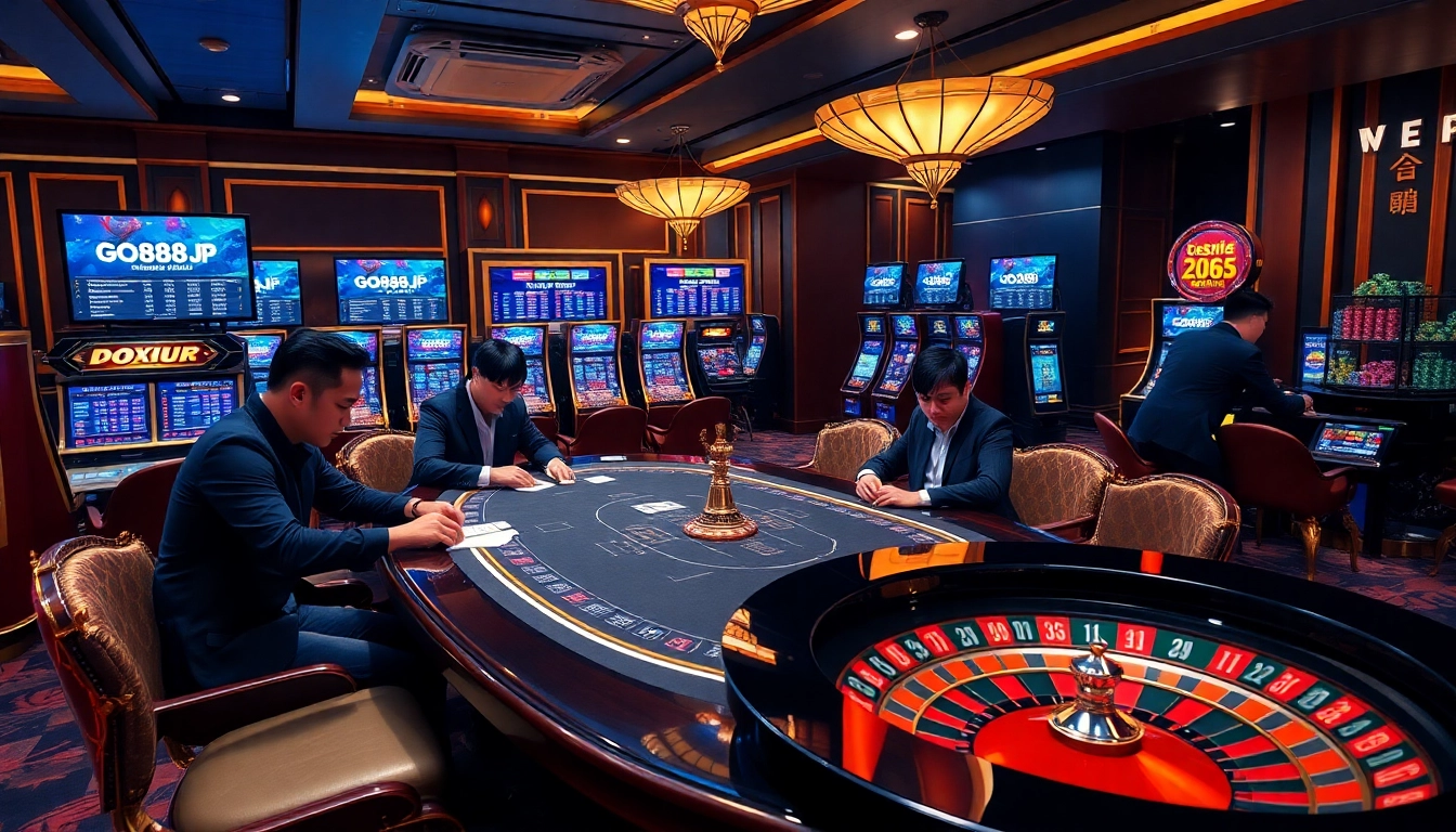 Players enjoying a stylish gaming experience at go888.jp.net, surrounded by vibrant casino elements.