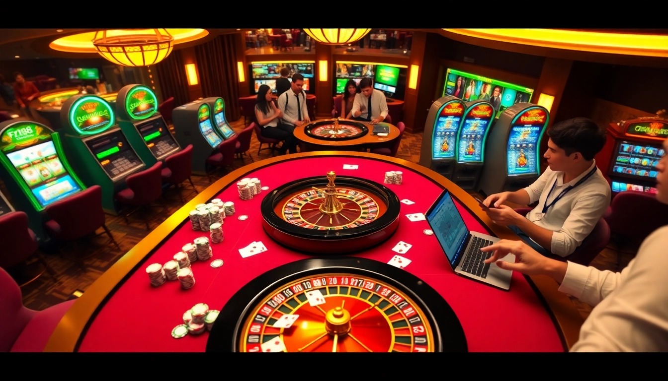 Engage in thrilling gameplay at F168, featuring a vibrant casino scene with poker chips and roulette wheels.
